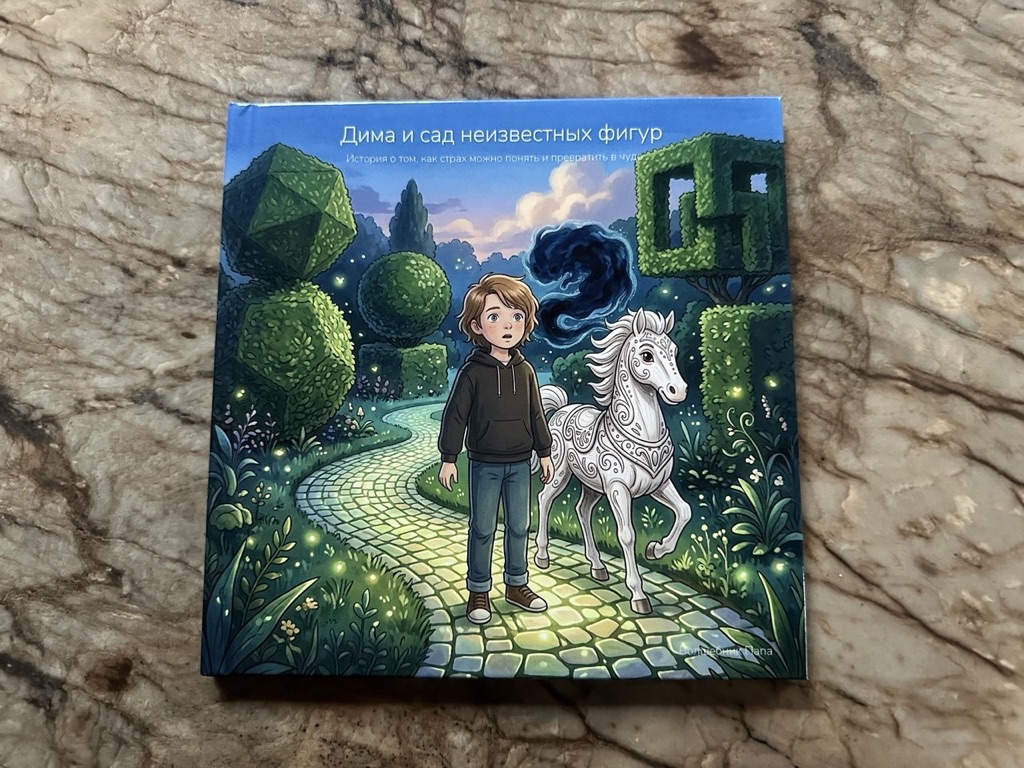 Обложка книги «Дима и сад неизвестных фигур» — мальчик и белый конь в волшебном саду