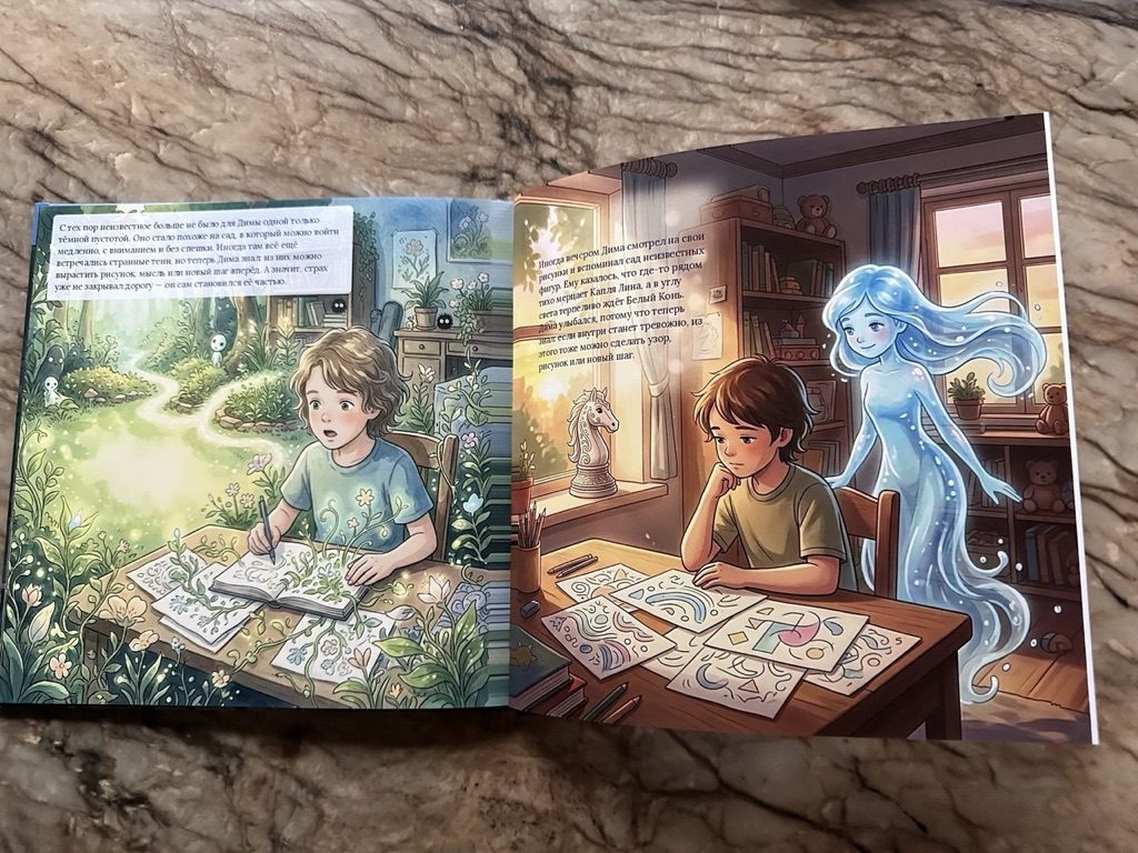 Разворот книги «Дима и сад неизвестных фигур» — Дима рисует за столом, рядом светящийся дух