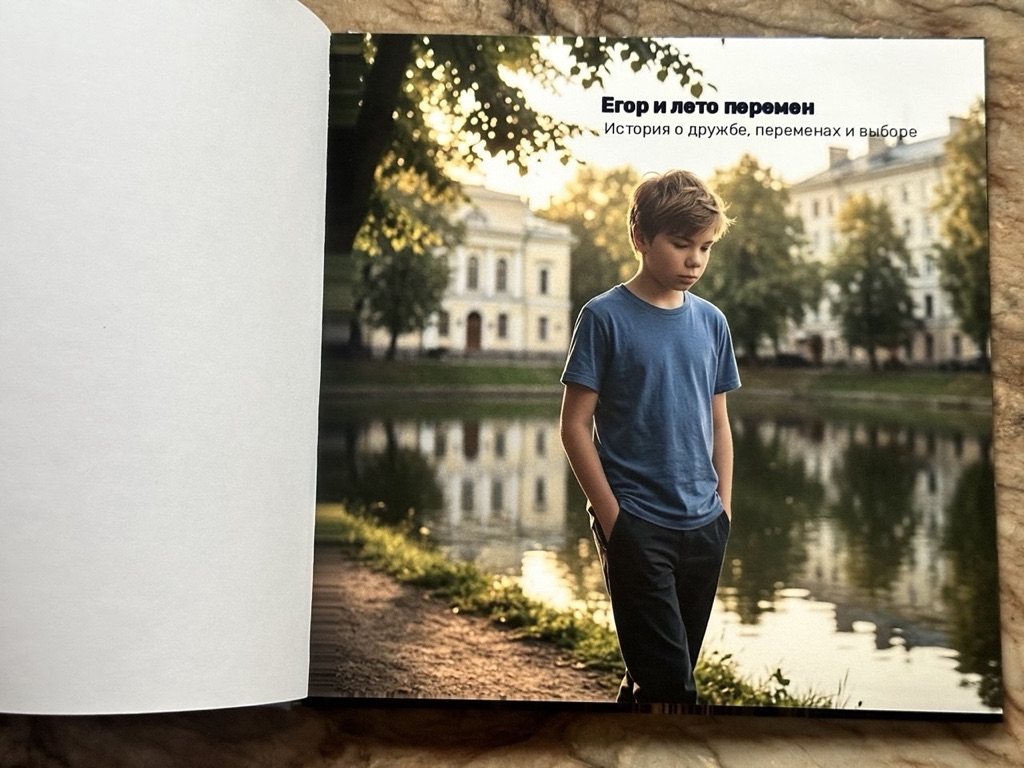 Раскрытая книга «Егор и лето перемен» — разворот с обложкой, мальчик у пруда